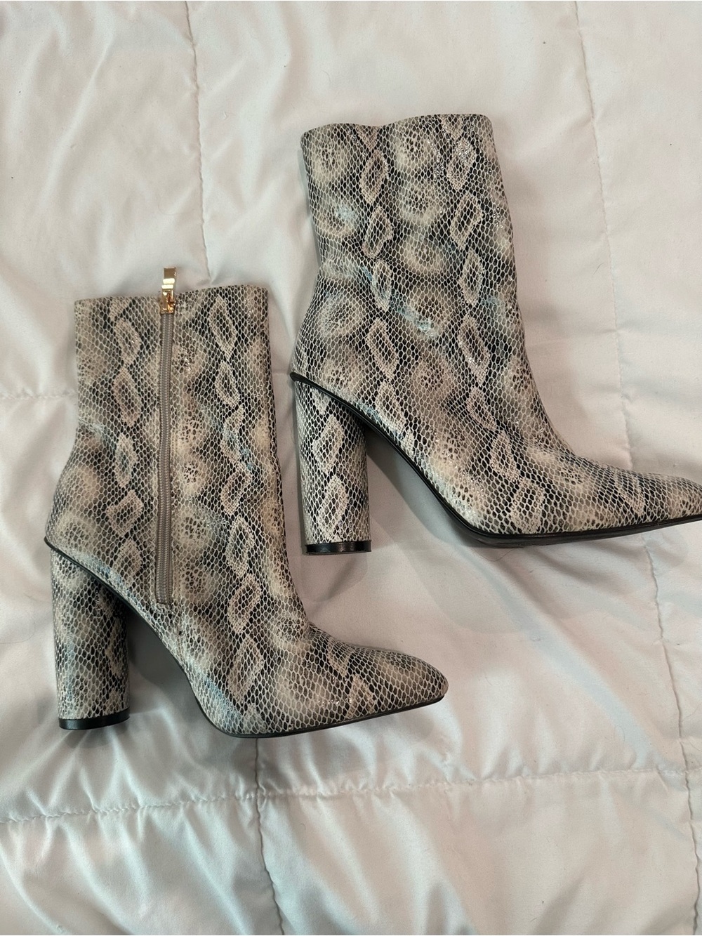 Snake-Print Block Heel Ankle Boots - Gray